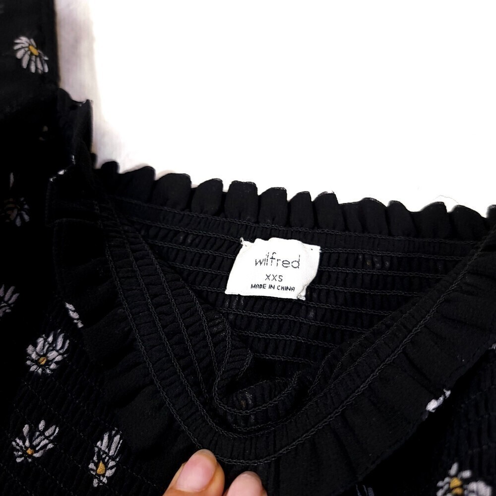 NEW Wilfred Laken Mini Dress Sheer Puff Sleeve Smocked in Black Daisy Floral XXS - Picture 11 of 13